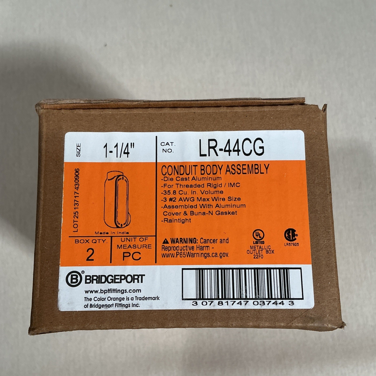 Bridgeport LR-44CG, 1-1/4”, Die Cast Aluminum, Conduit Body Assembly. Box of 2