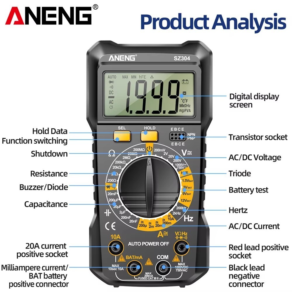 Digital Multimeter AC DC Voltmeter Ammeter Ohmmeter Volt Tester Meter With BATTs