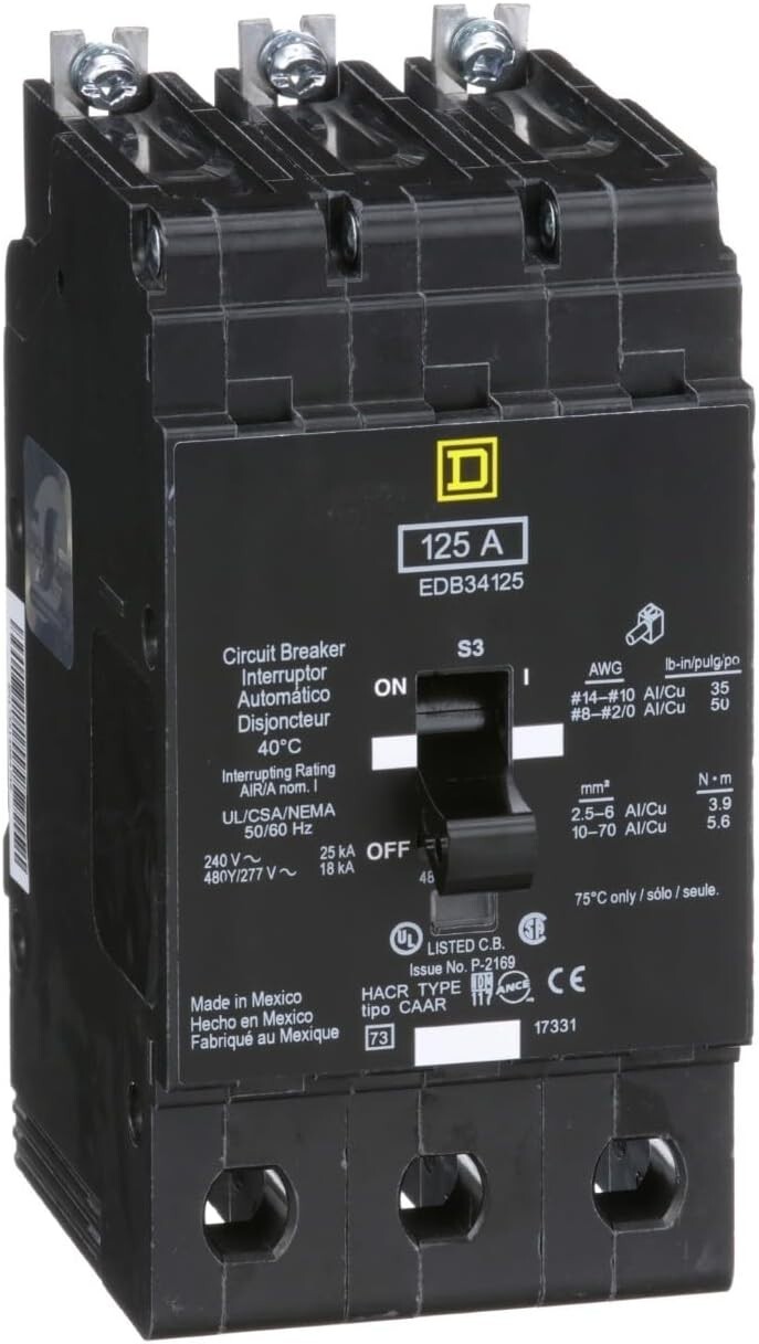 NIB – Square D – EDB34125 – Molded Case Circuit Breaker – 125A, 3-Phases, 480V