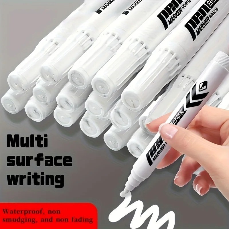 6PCS White Permanent Marker Set – Oil-Based Smudge-Proof Ink Pens with Medium Ti
