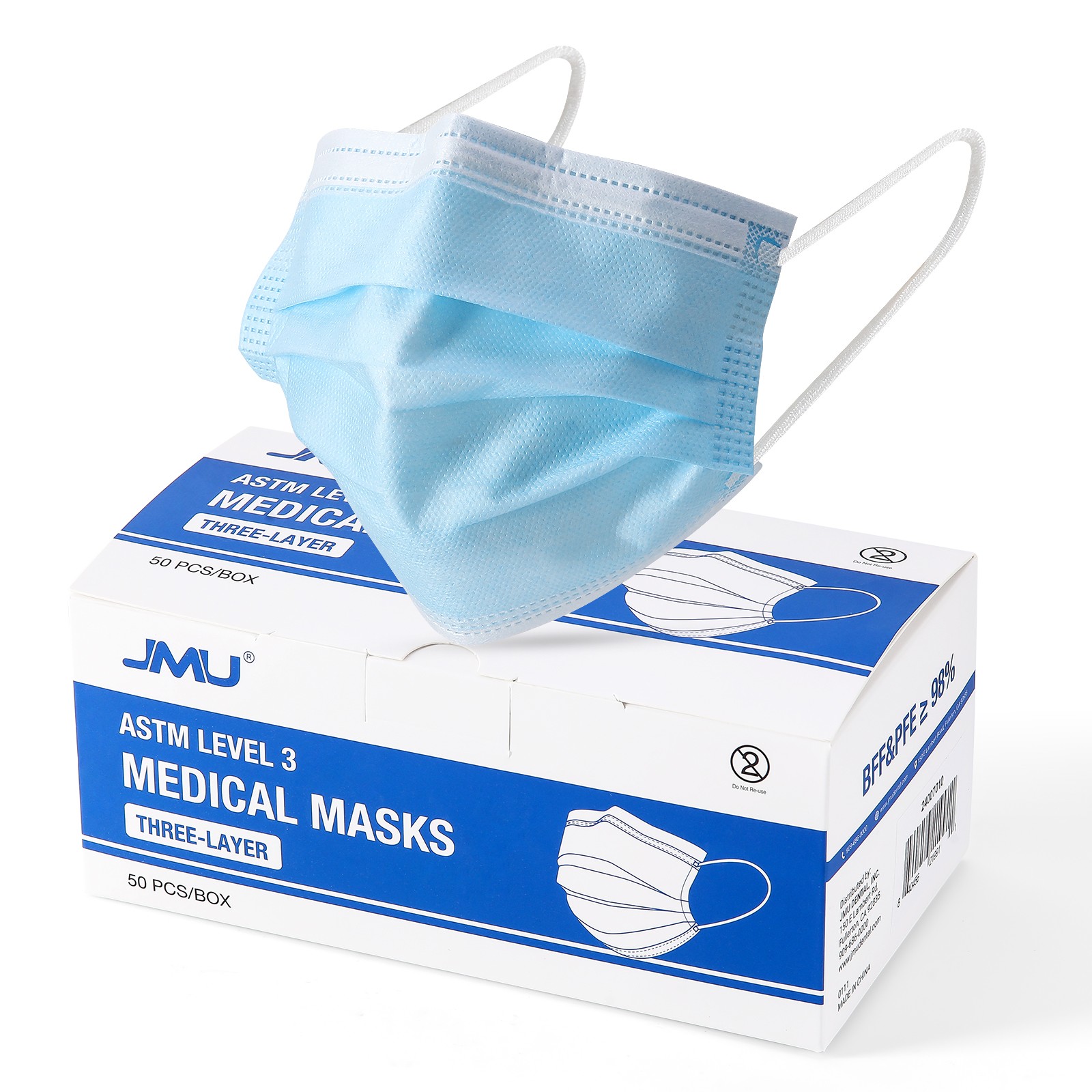 50/250/500 JMU ASTMMask ASTM Level 3 Medical Surgical Dental 3-Ply Earloop Masks