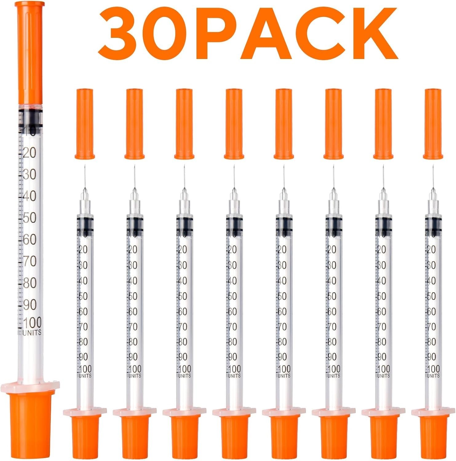 30 Count U-100 Syringes 30G 5/16″ 1ml – Clear Markings and Individually Packaged
