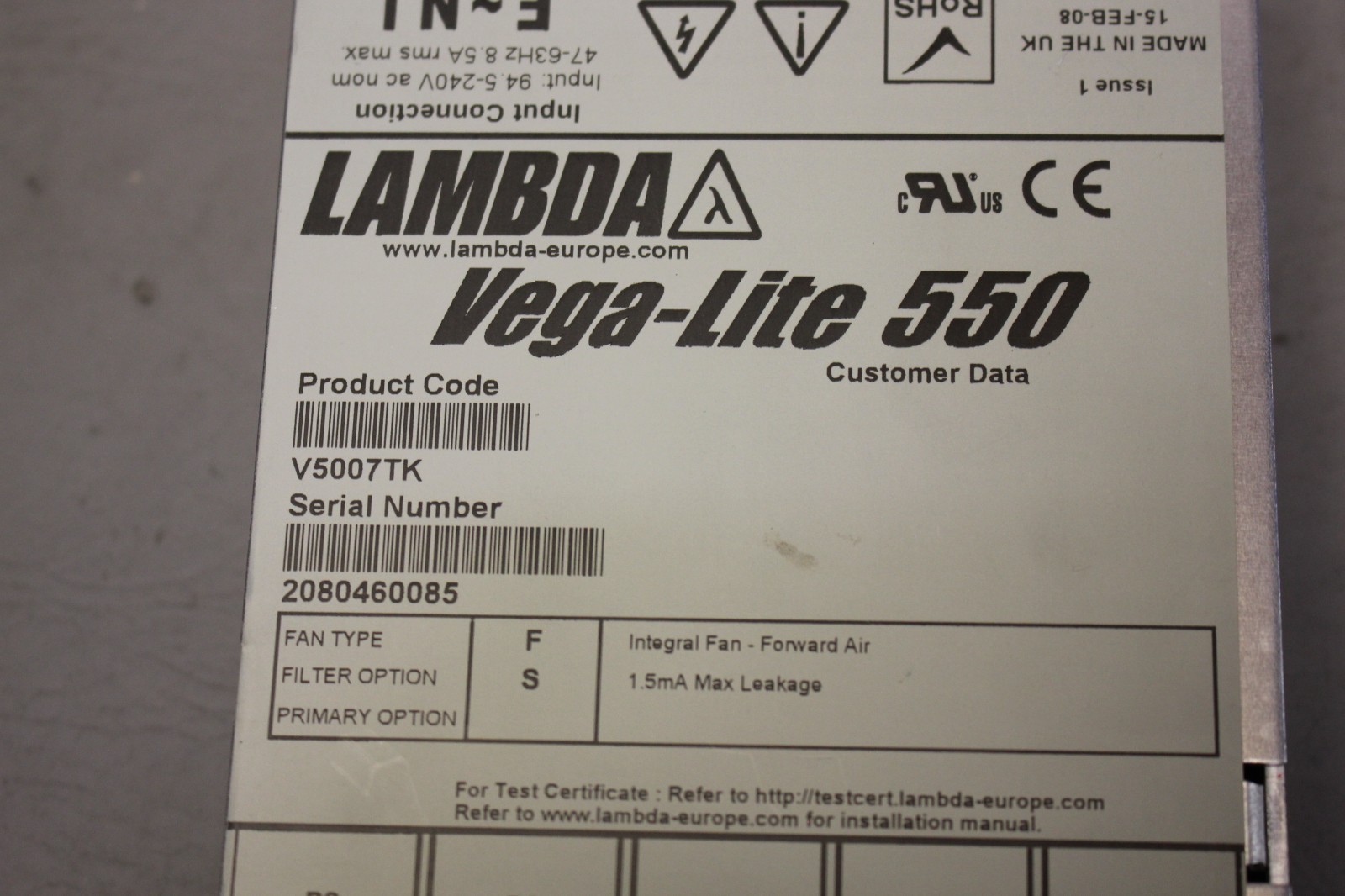 LAMBDA VEGA-LITE 550 POWER SUPPLY 15.0V 18A