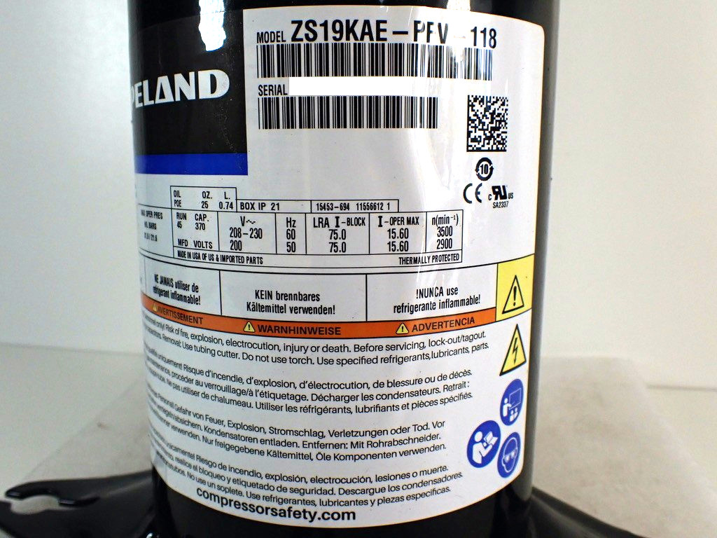 OEM Copeland Scroll Compressor ZS19KAE-PFV-118 , 2-1/2 HP , 208-230V