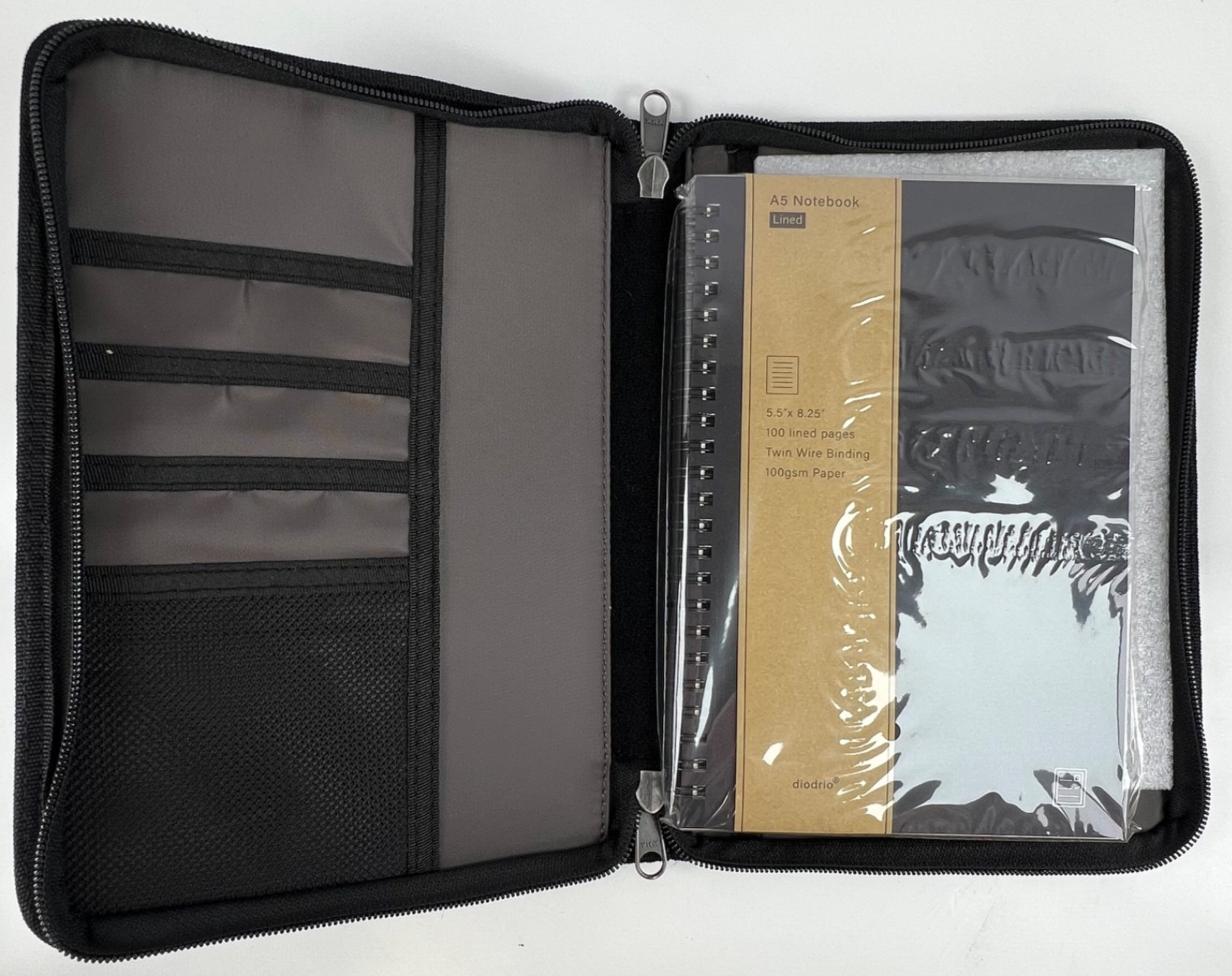 Diodrio Zipper Journal Organizer with A5 Notebook Pen & Card Holder Black