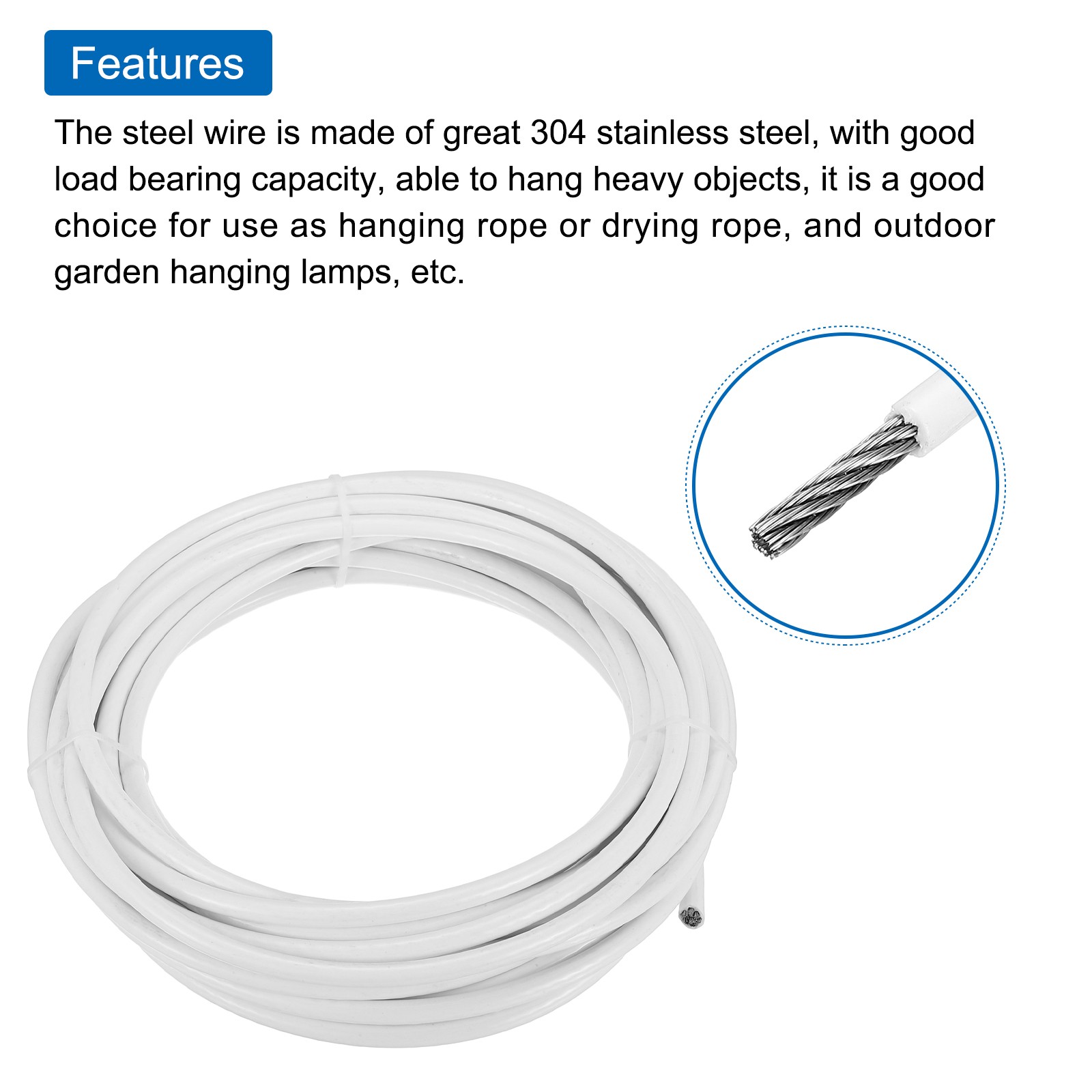 33Ft(10M) Wire Rope Stainless Steel Cable 5/16″ 4pcs Screw Chuck & Thimble White