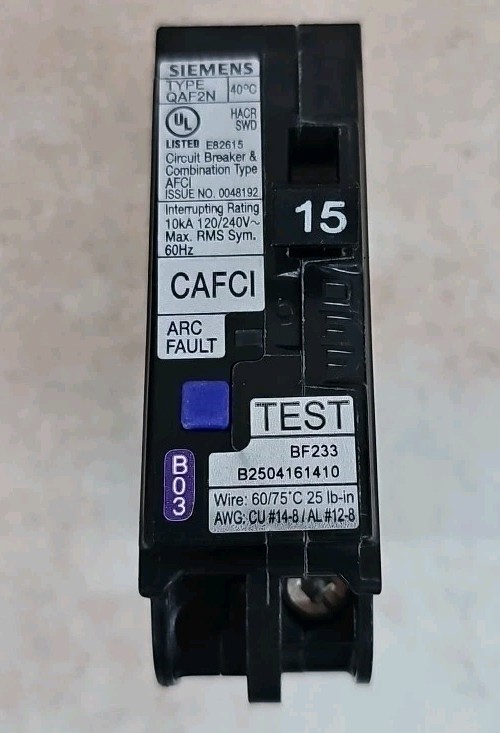 Siemens QA115AFCN Arc Fault Circuit Breaker, 15A, 1 Pole, 120V NTO