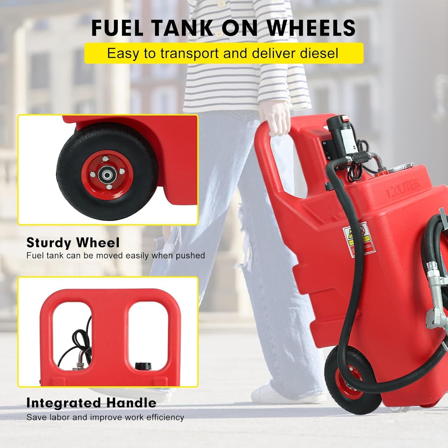 Portable 32 Gallon 120 L Fuel Tank with 12 V Diesel Pump 13 ft Delivery Hose Red