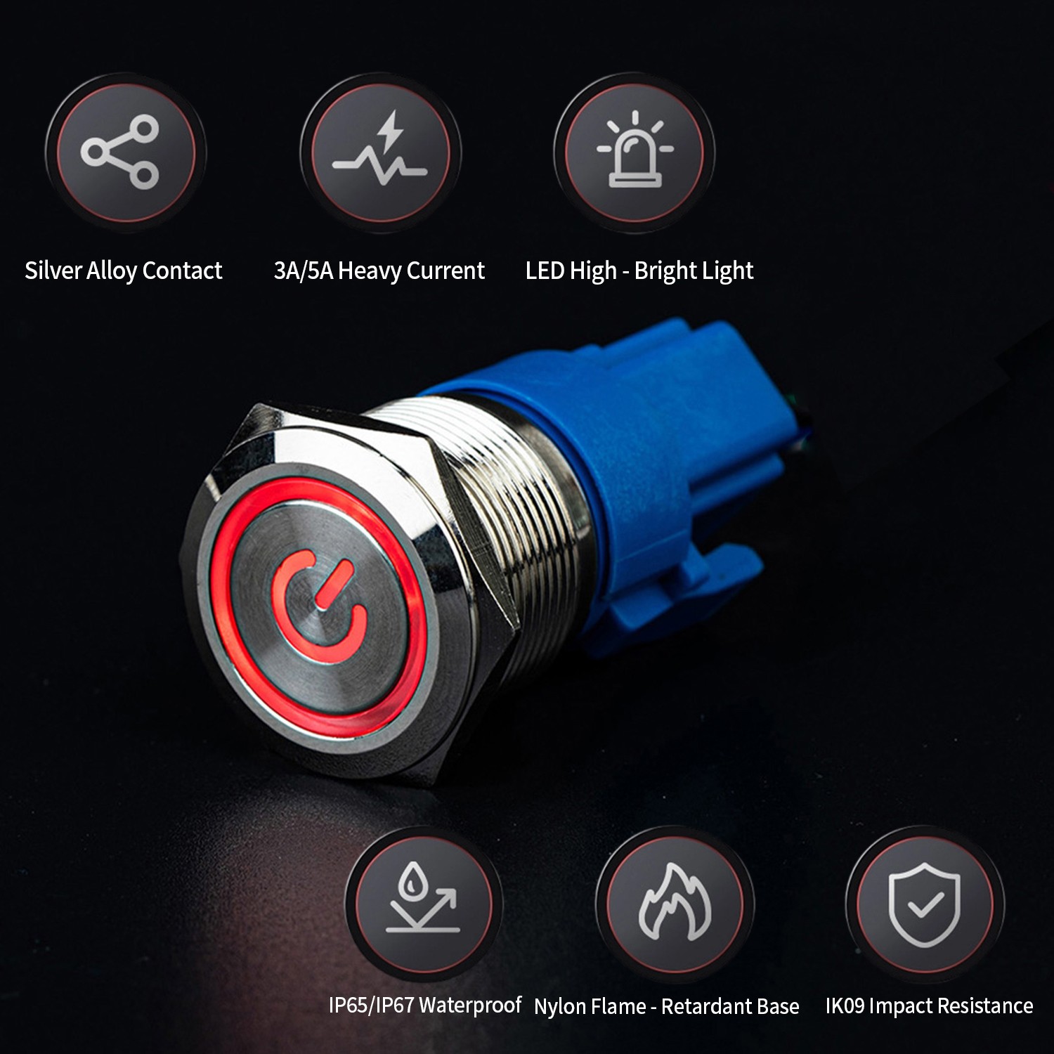 Latching Push Button Power Switch 16mm 12V LED ON OFF Waterproof Stainless Steel