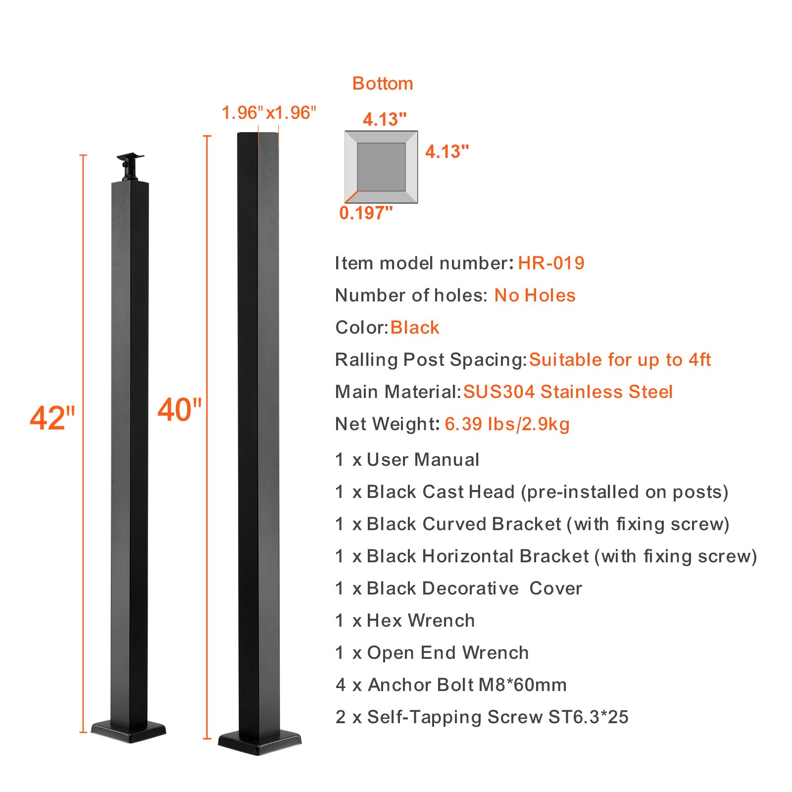 VEVOR Cable Railing Post Deck Railing 42x2x2″ DIY Post Without Holes Black