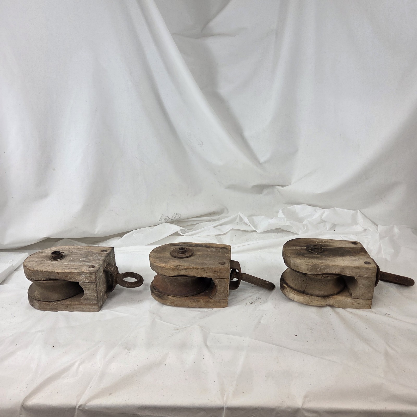 Lot 3 Vintage Wood Pulley Blocks Rustic Barn Farmhouse Industrial Decor Art