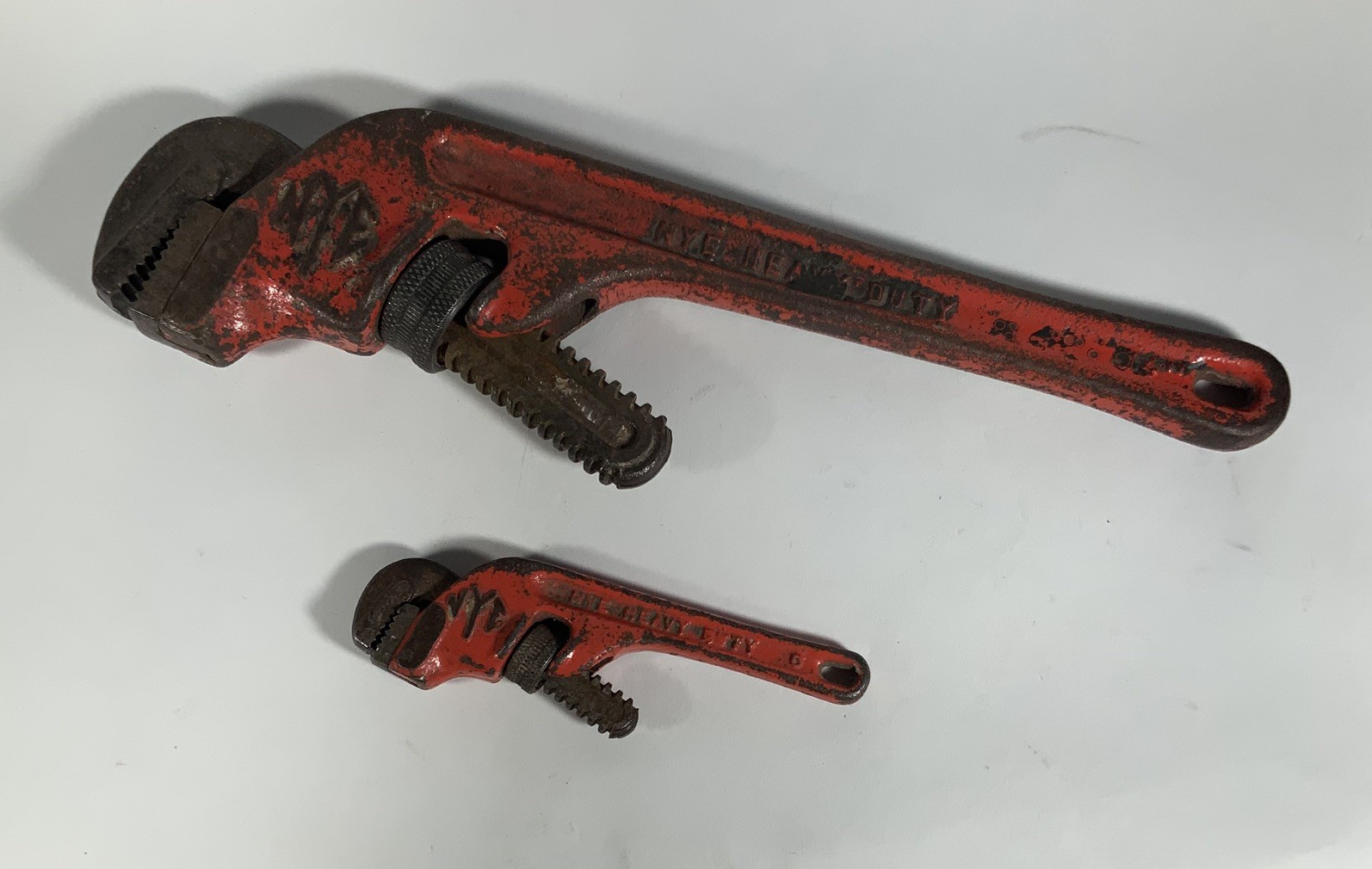 Two NYE Tool Heavy Duty Offset Pipe Wrenches, 14 and 6, vintage Steel Chicago