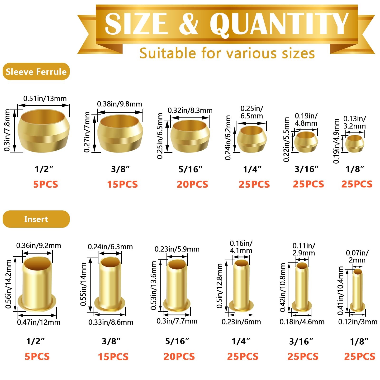 Brass Compression Sleeves Ferrules & Insert 230 PCS 1/8 to 1/2 inch