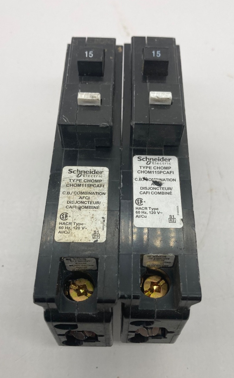 2X Schneider CHOM115PCAFI 1P Plug In Neutral Arc Fault Combination AFCI Breaker