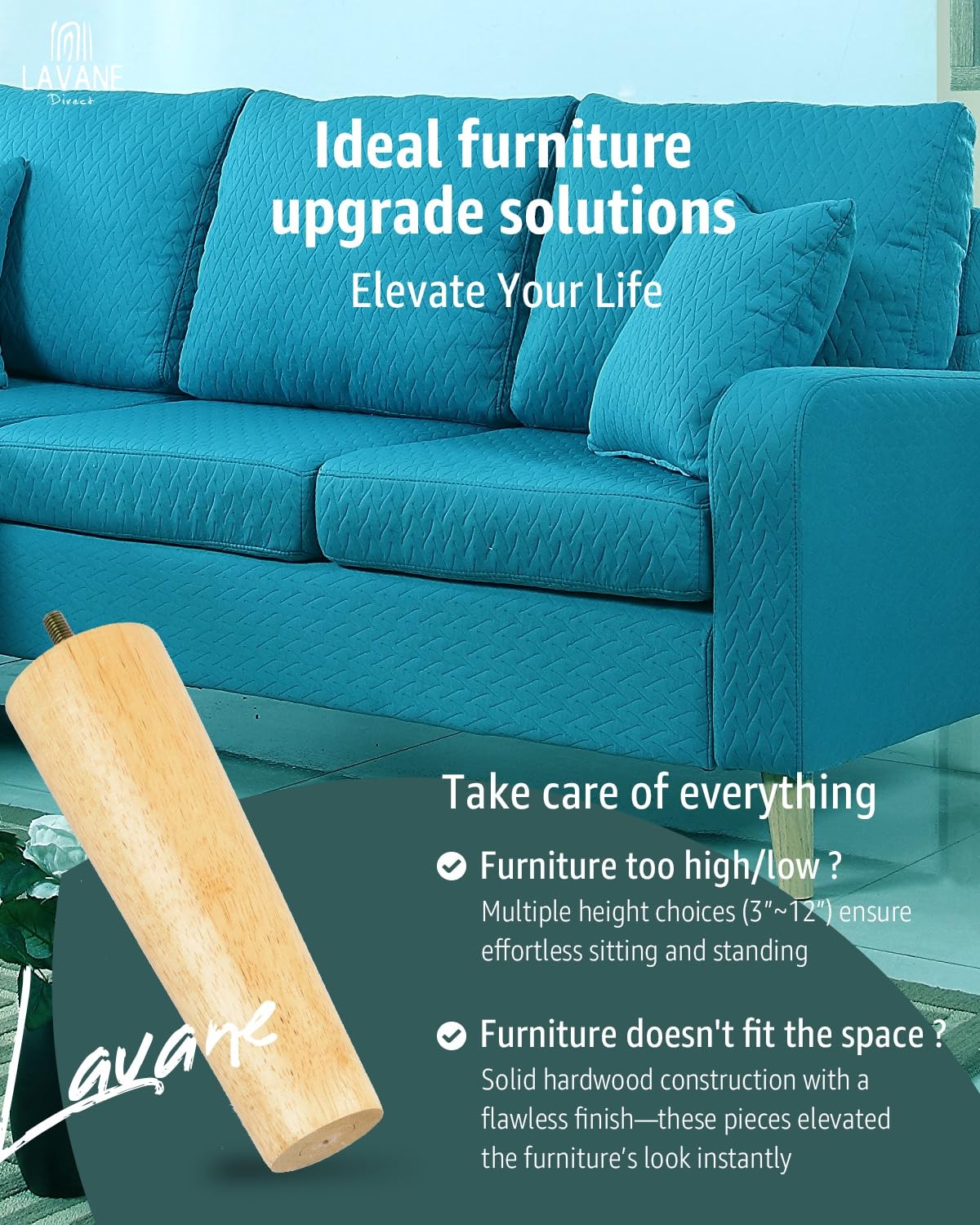 La Vane 6 inch / 15cm Solid Wood Furniture Legs – 4PCS – 6″ / 15cm, Tapered