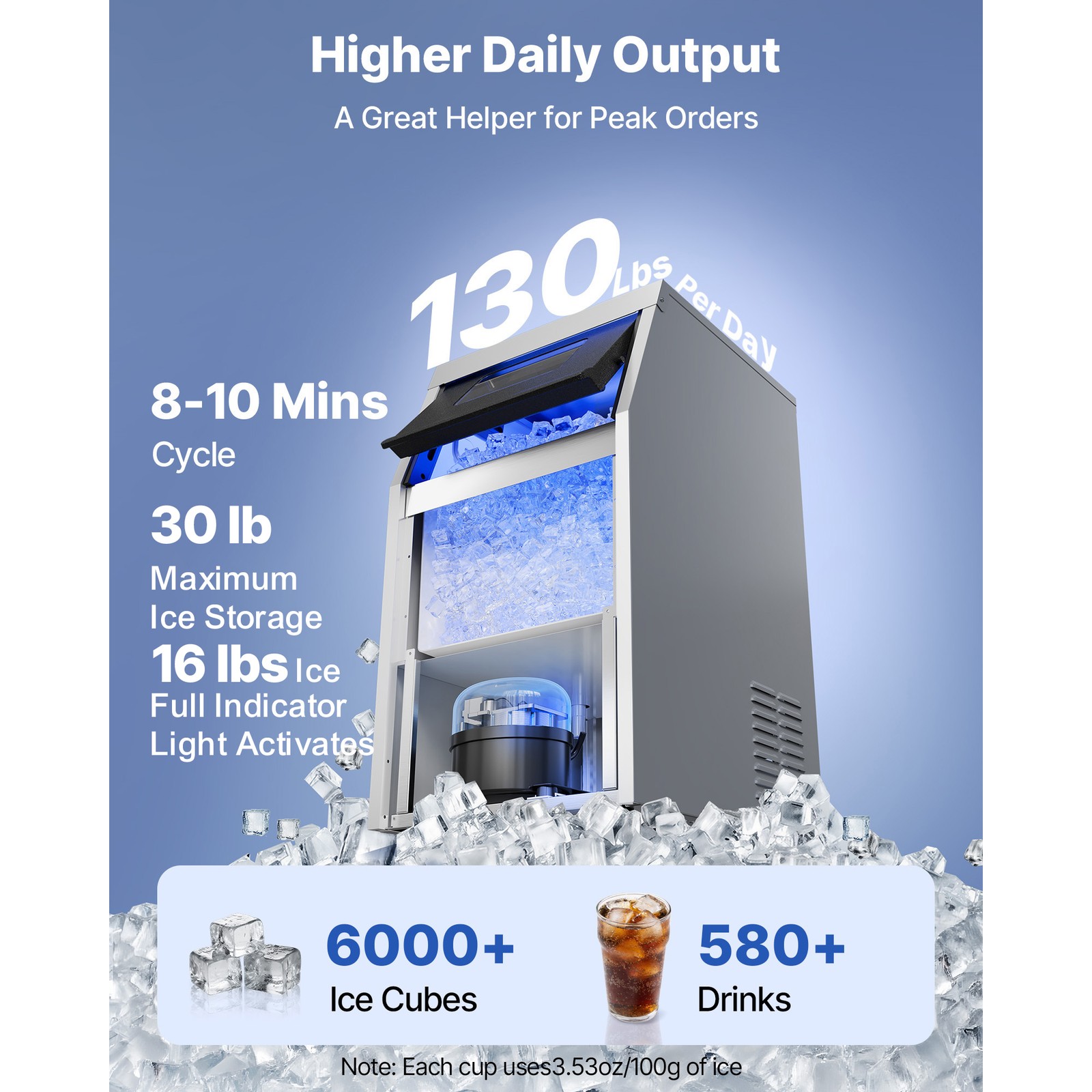 Uimoso Commercial Ice Maker 130 lbs/24h Ice Machine 16-30 lbs Storage Restaurant