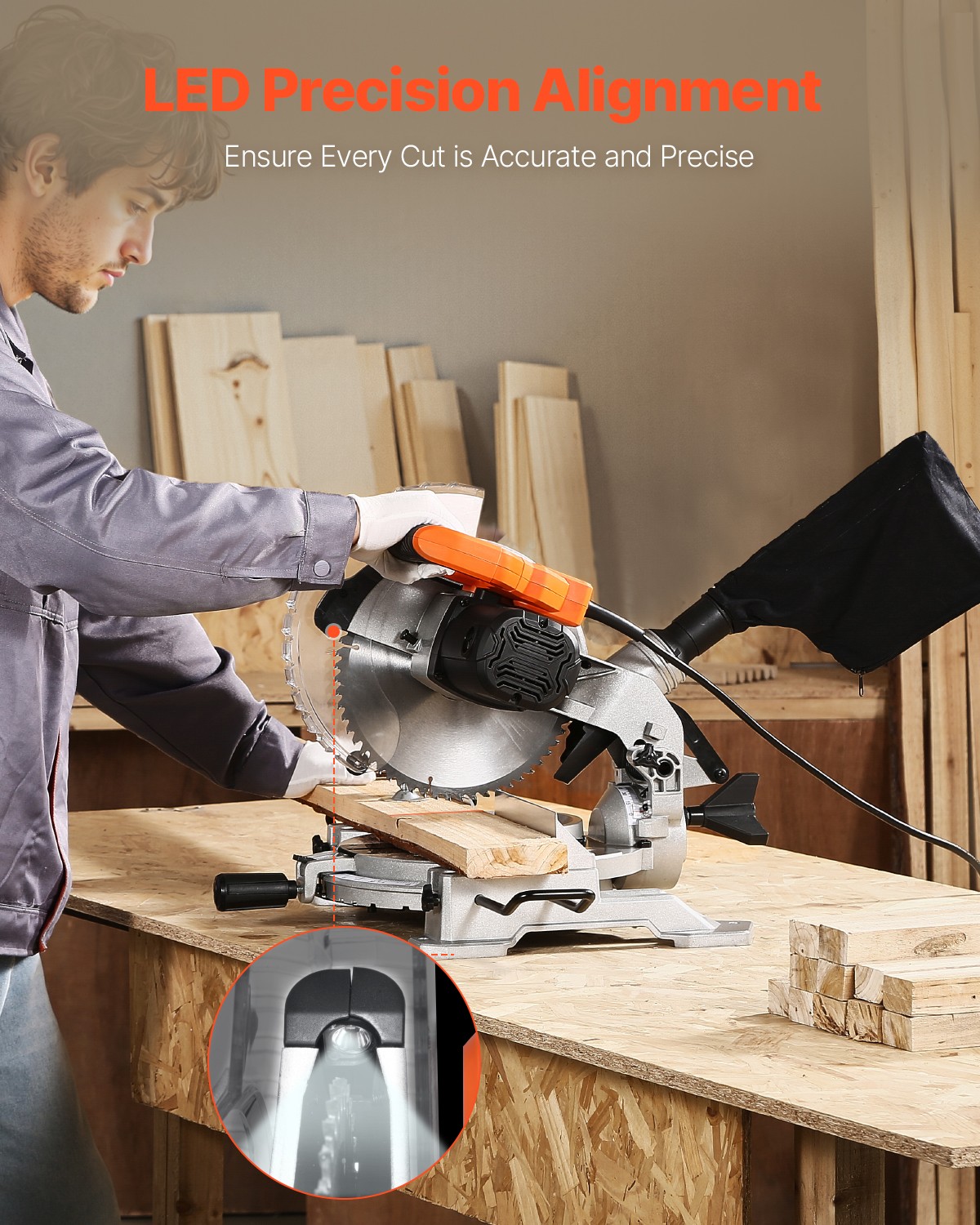 VEVOR Compound Miter Saw 10» Blade 15 Amp 60-Tooth Corded Single Bevel 0-45°