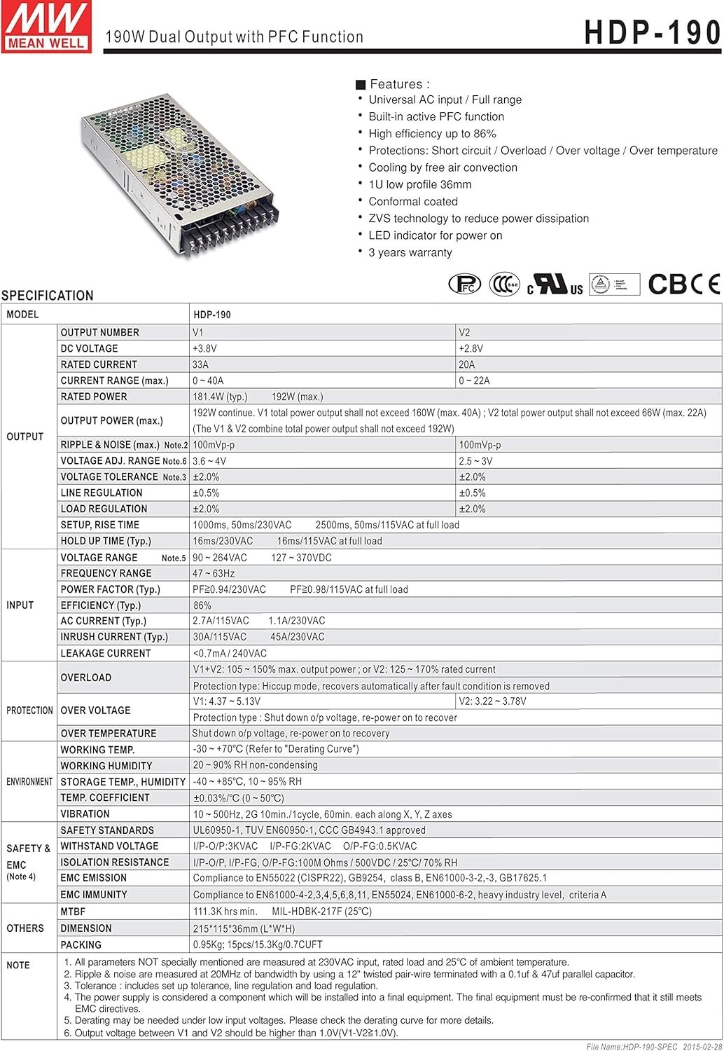 MEAN WELL HDP-190 2.8V 3.8V 0~22A 0~40A 192W Dual Output with PFC Function NEW