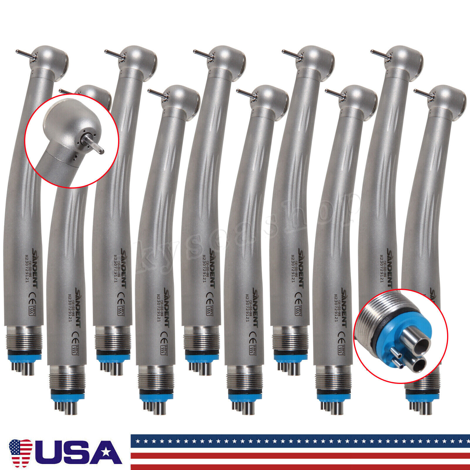 10 Dental High Speed Handpiece Ceramic Bearing Push 4 Holes Single Way Spray