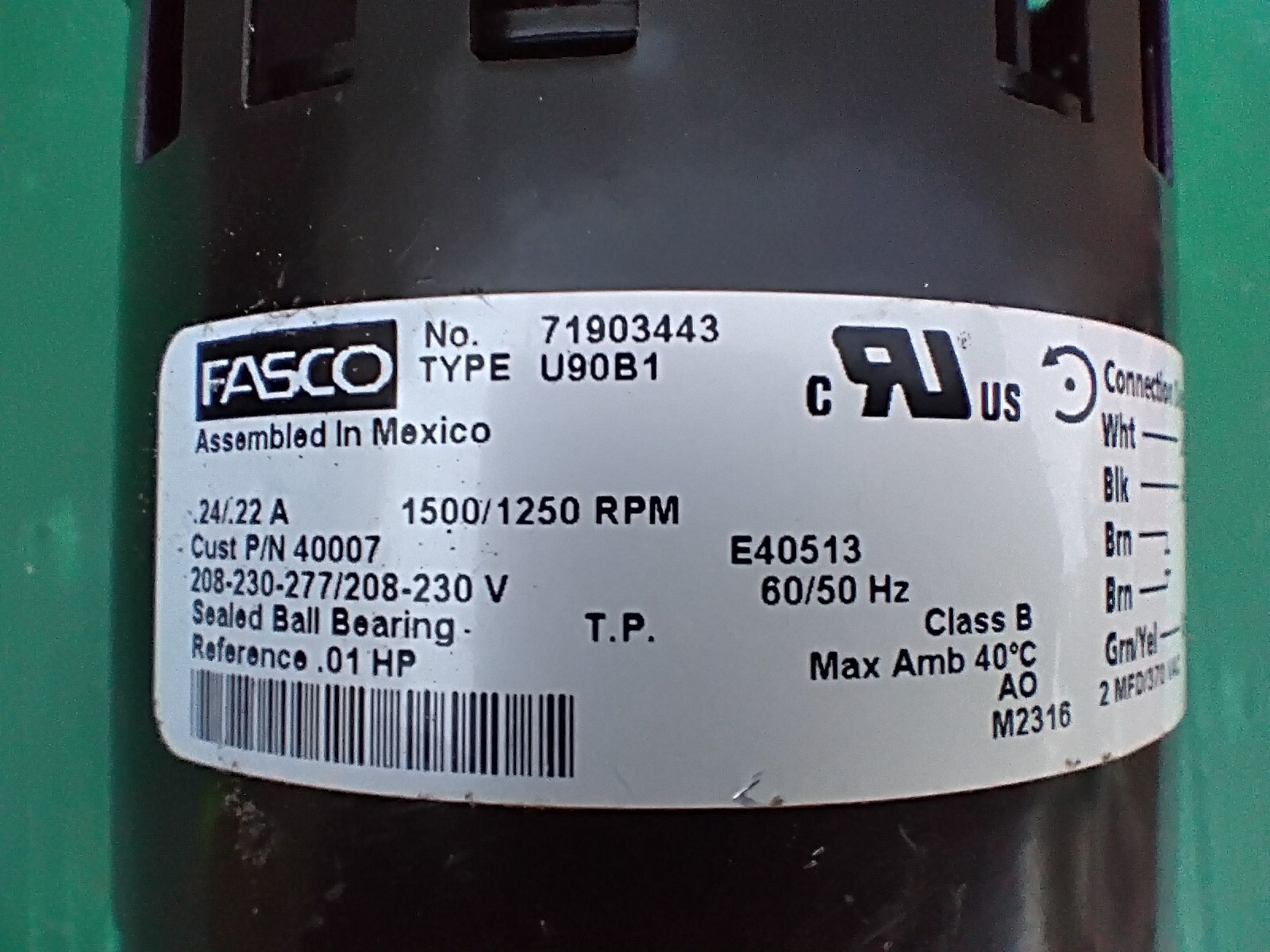 Fasco 71903443 Type U90B1 Motor Fan 208/230VAC .24Amp .01HP 1500/1250RPM 40007