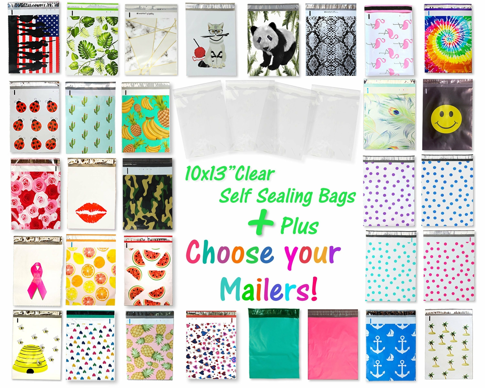100 Pack, 50 Each 10×13″ Flat Poly Mailers & Clear Self Sealing Bags for Shirts
