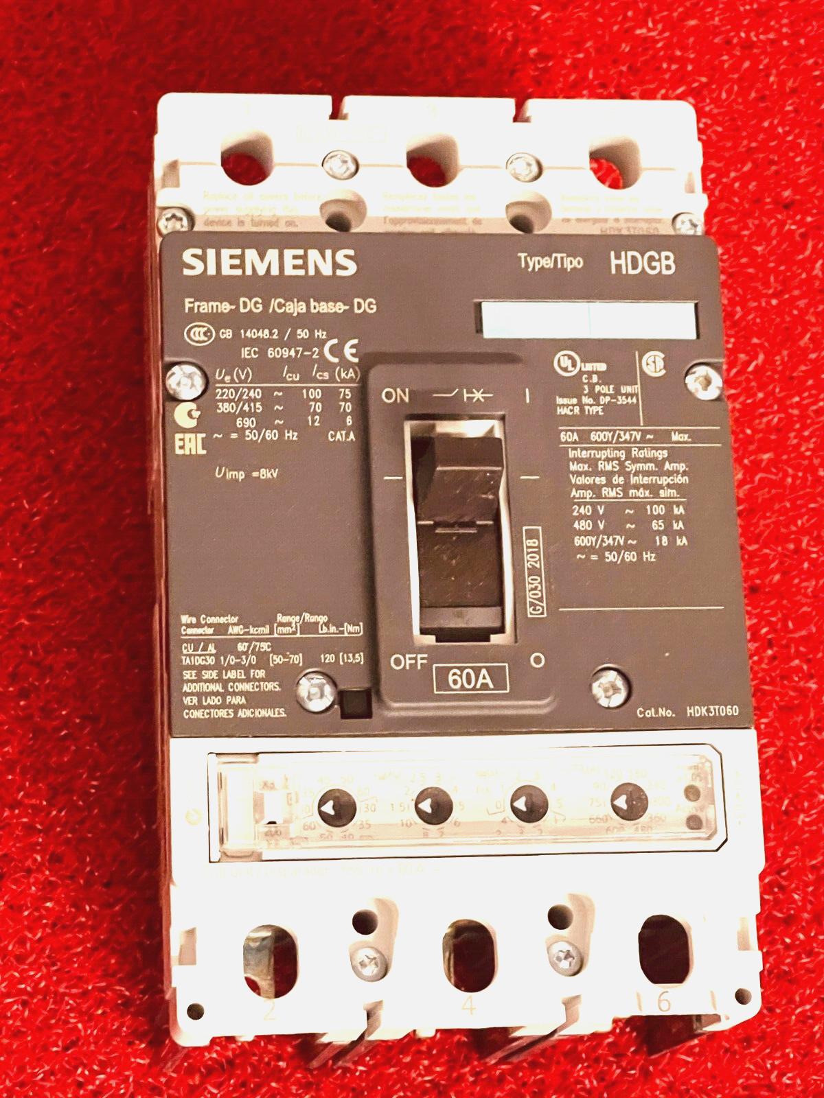 Siemens HDK3T060 3VL2506-2PE30-0AA0 VL150 MCCB 60A 3-Pole 65kA 480V LSI