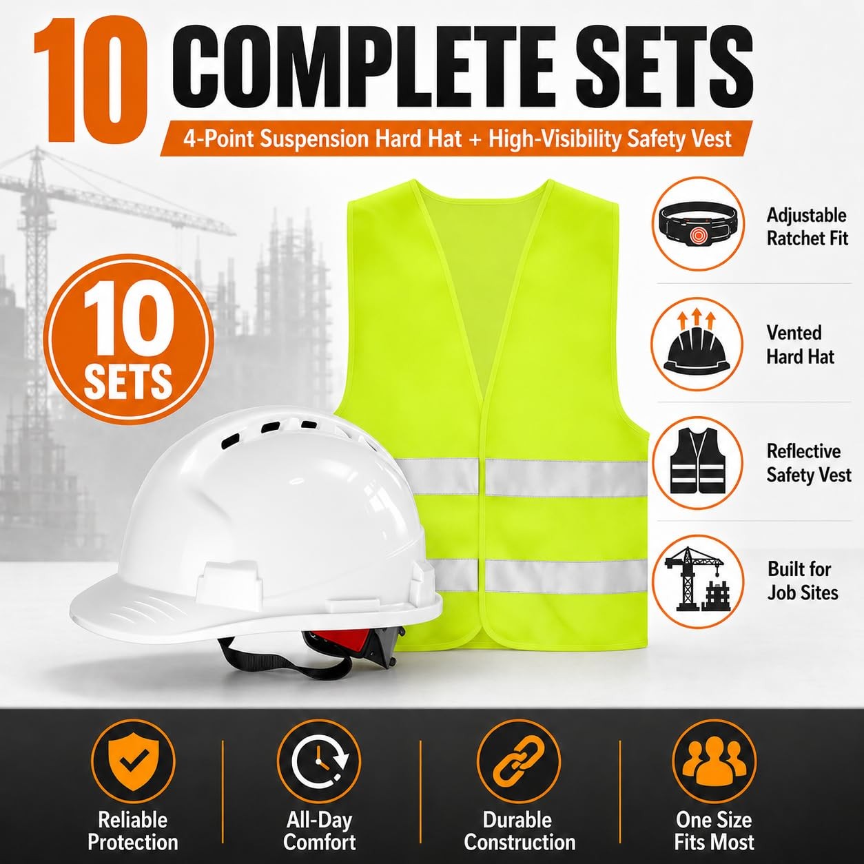 4 Pt. Suspension Hard Hat ABS Construction with Safety Vests 10 Pack – Head
