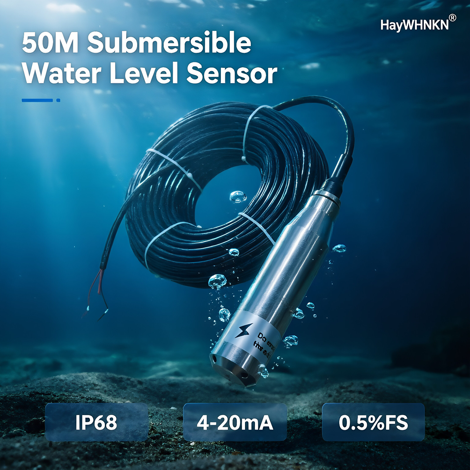 High Accuracy 0.5%FS Submersible Water Level Sensor 50M, 4-20mA, IP68 SS Probe