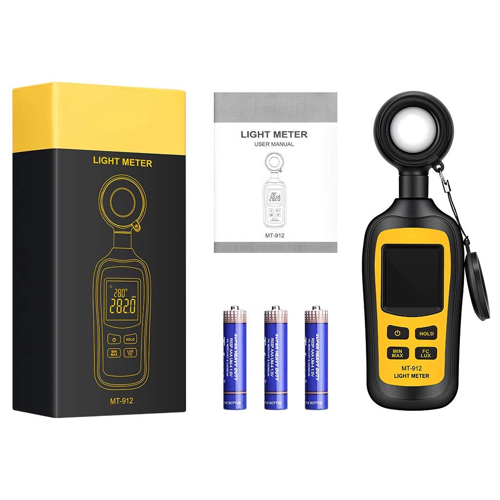 Digital Light Meter Luxmeter, 200,000 Lux Range, 4-Digit LCD, Temp Sensor