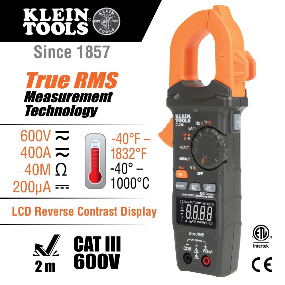 Klein Tools CL390 AC/DC Digital Clamp Meter, Auto-Ranging, 400 Amp, Multi