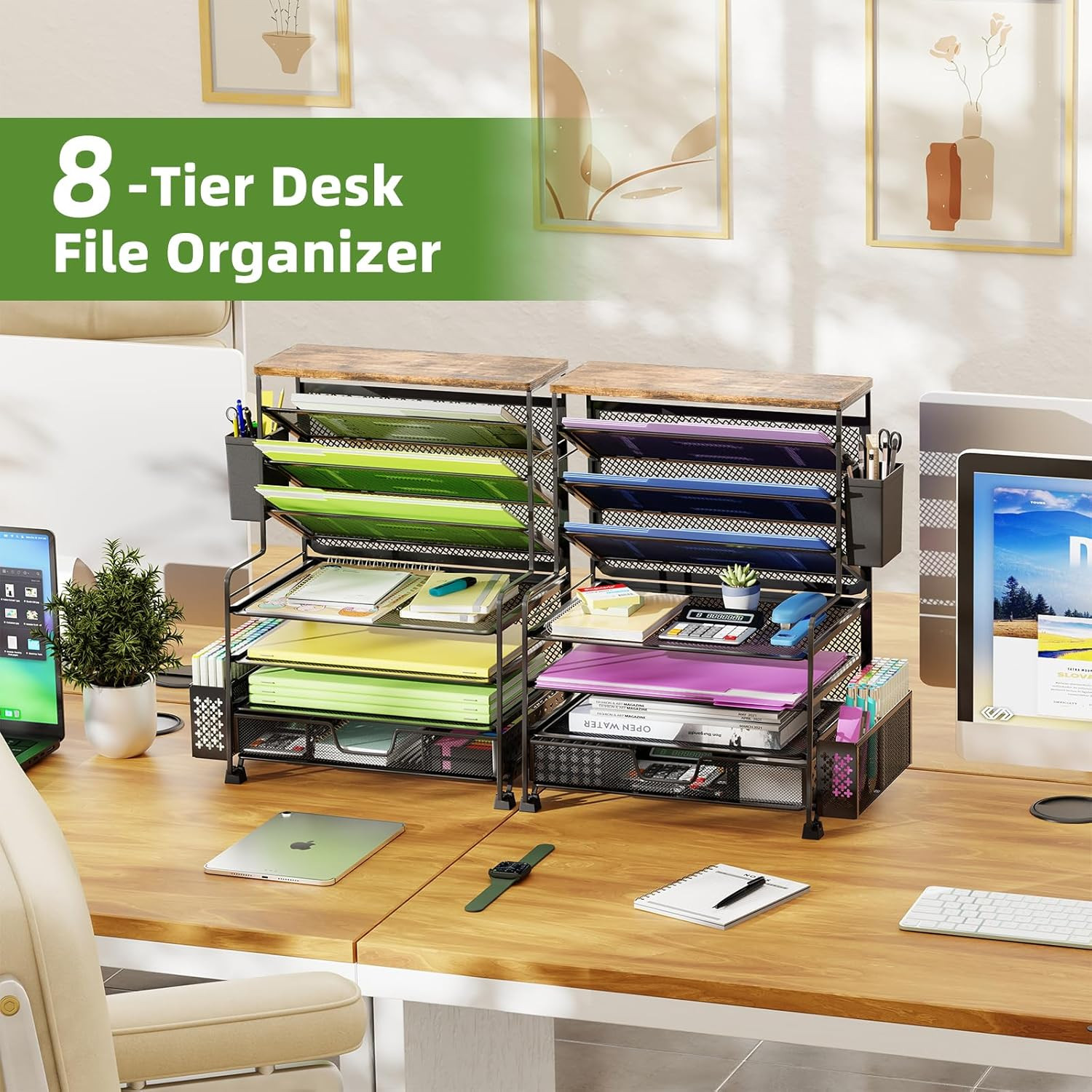 8 Tier Desk File Organizer with Sliding Drawer, Desktop Organizers and Accessori