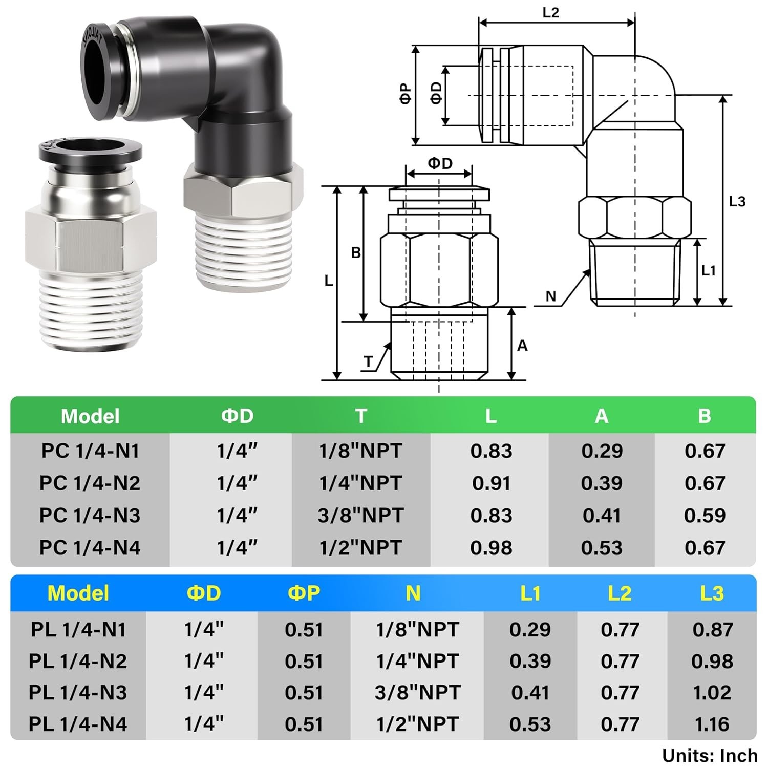Durable Copper & Plastic Elbow/ Straight Push-in Connectors – 1/4″ OD x 1/8″ NPT