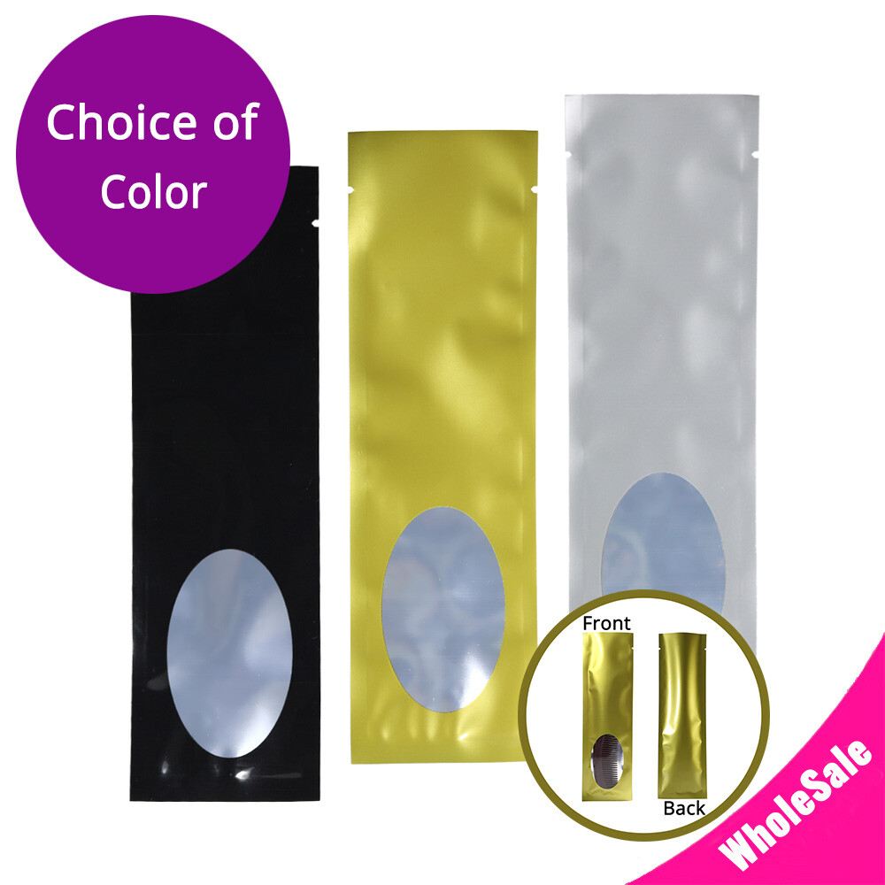2.25×7.75in Glossy Foil Black Gold Silver Open Top Bag Pouch w/ Oval Window