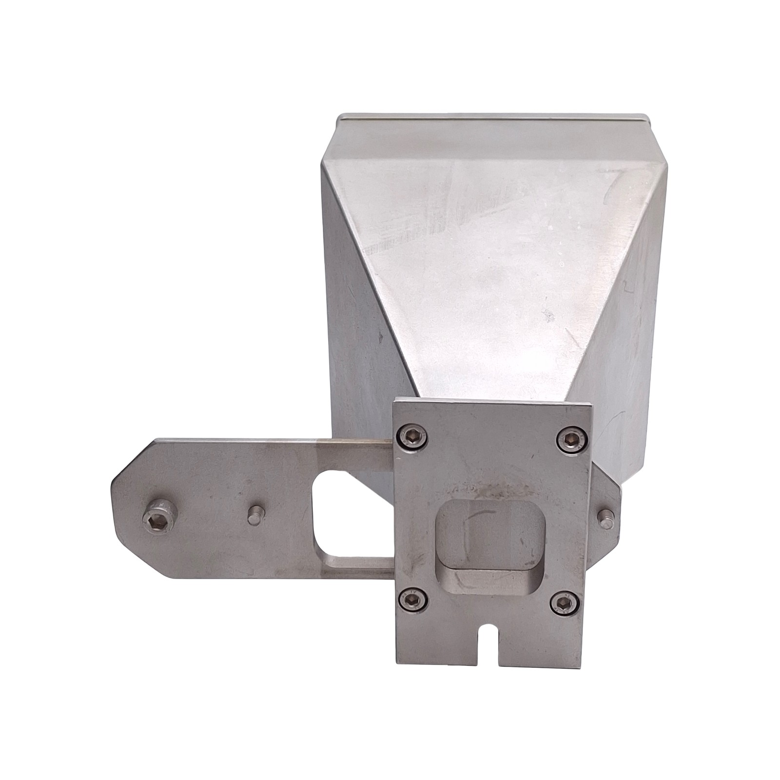Stainless Steel Material Hopper With Latch, 132mm x 132mm Inlet, 34mm Outlet