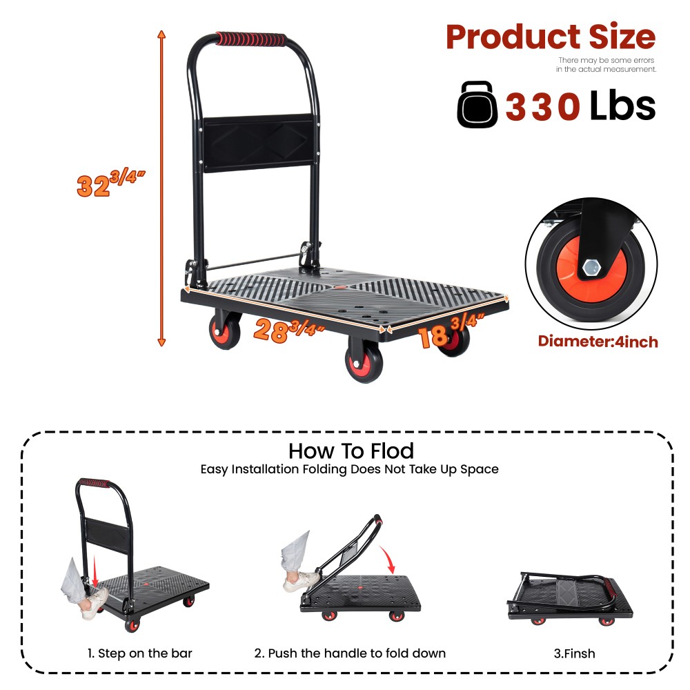 25.5″x43.5″ Foldable Platform Truck 1500LBS 5″ Silent TPR Wheels
