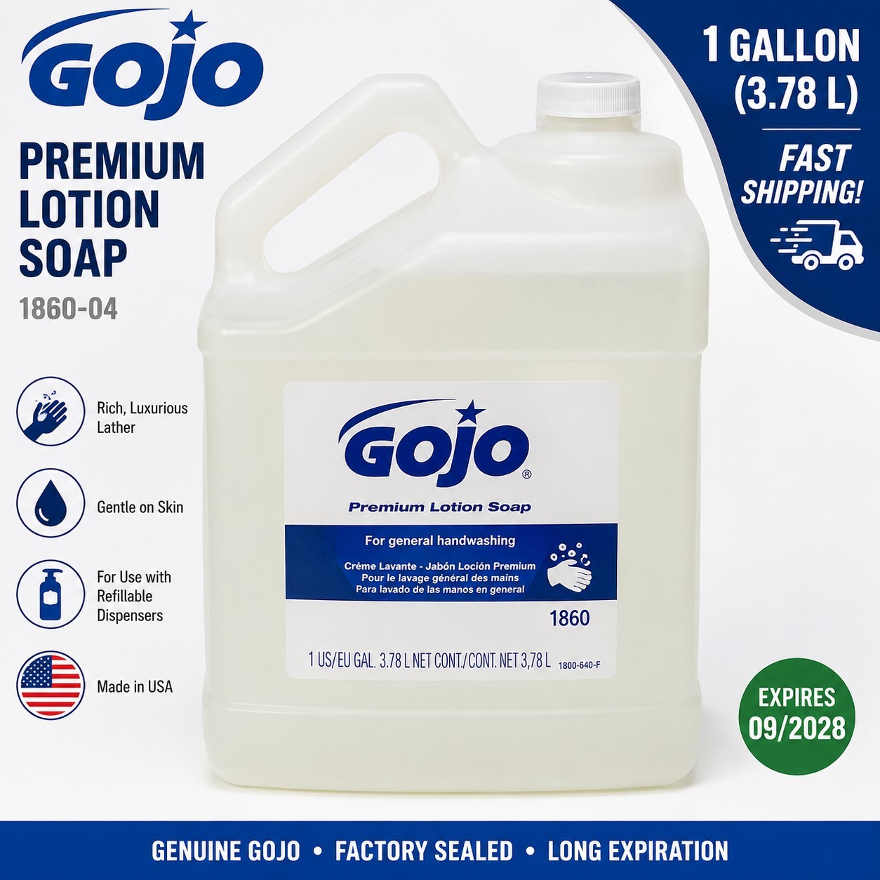 GOJO 1860 Premium Lotion Soap Refill 1 Gallon Hand Soap Liquid 3.78L Exp 09/2028