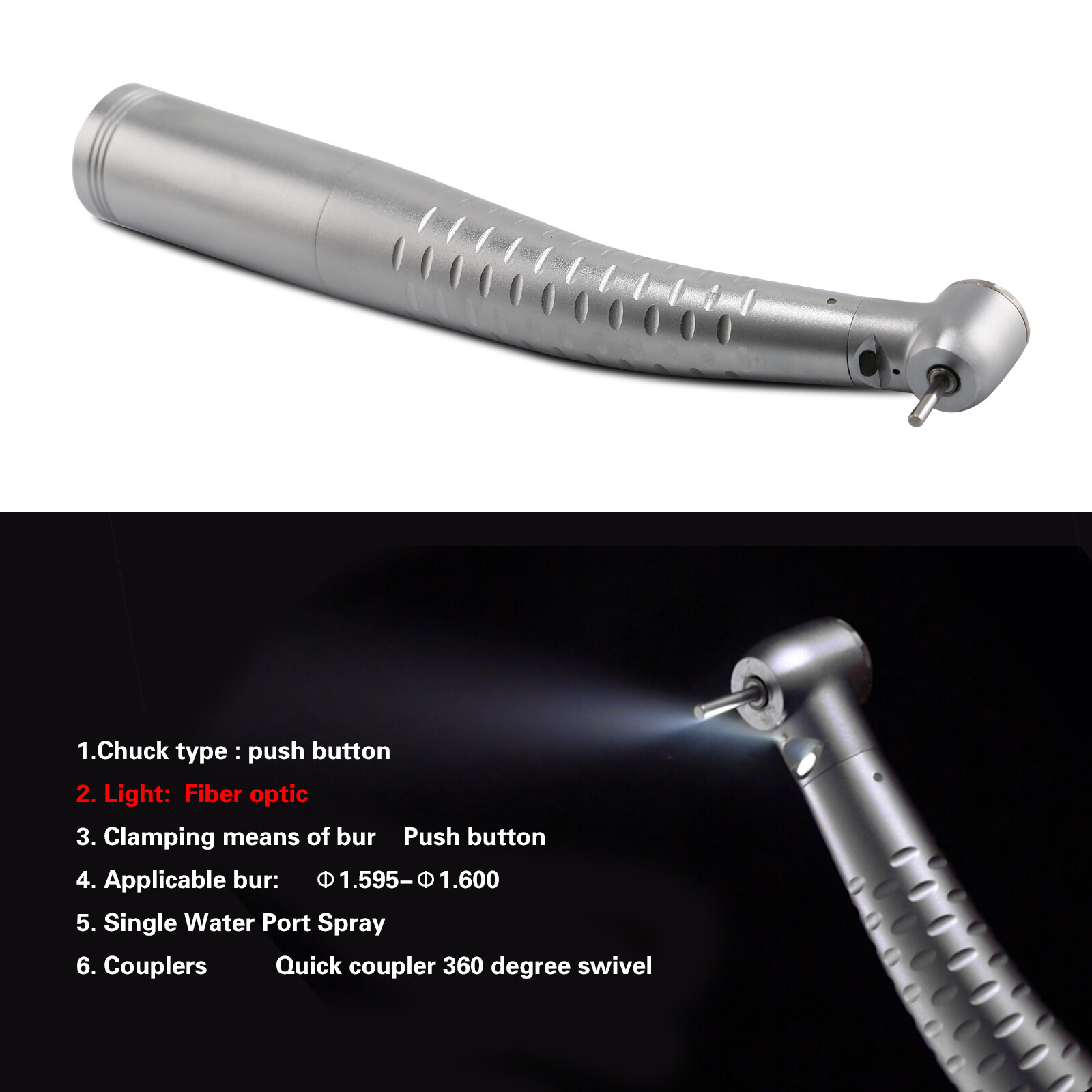 Dental Fiber Optic LED Handpiece High Speed Fit Kav Quick Coupler 4Hole / 6Pin