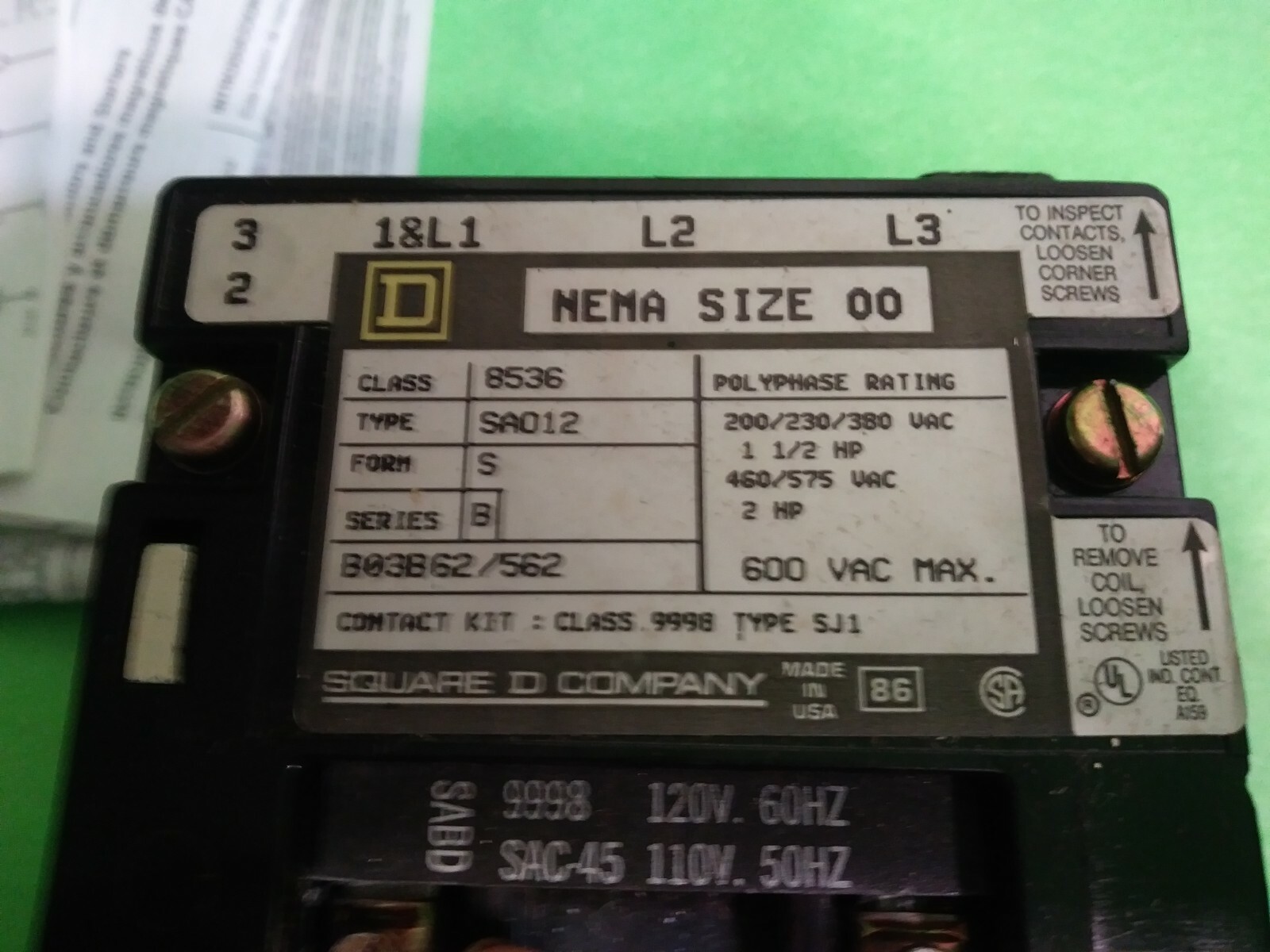 SQUARE D CONTACT KIT NEMA SIZE 00 8536 SA012
