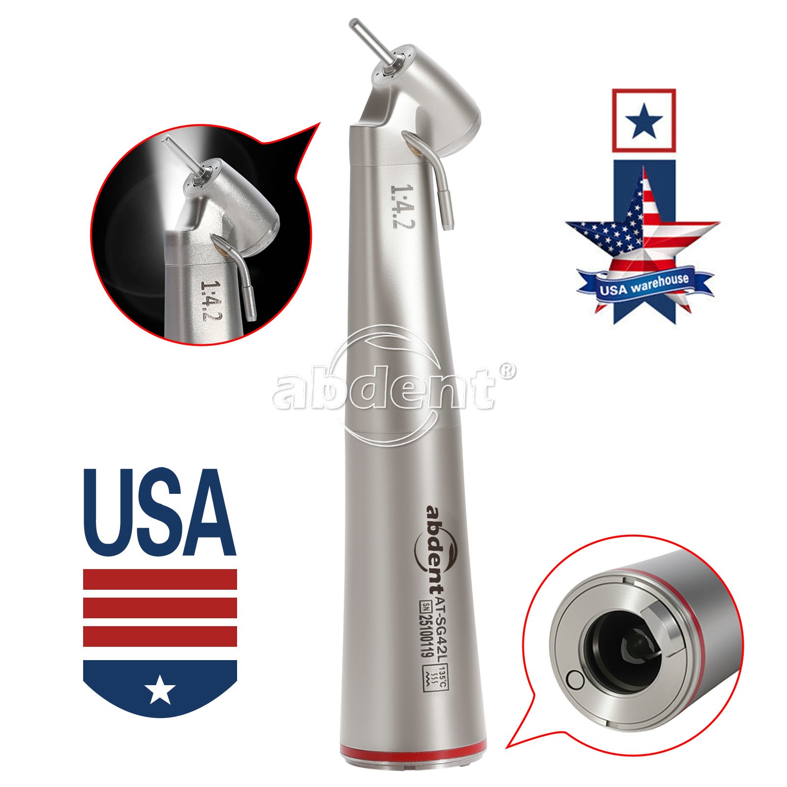 AbDent 1:4.2 45° LED Fiber Optic Contra Angle Handpiece External Water Spray