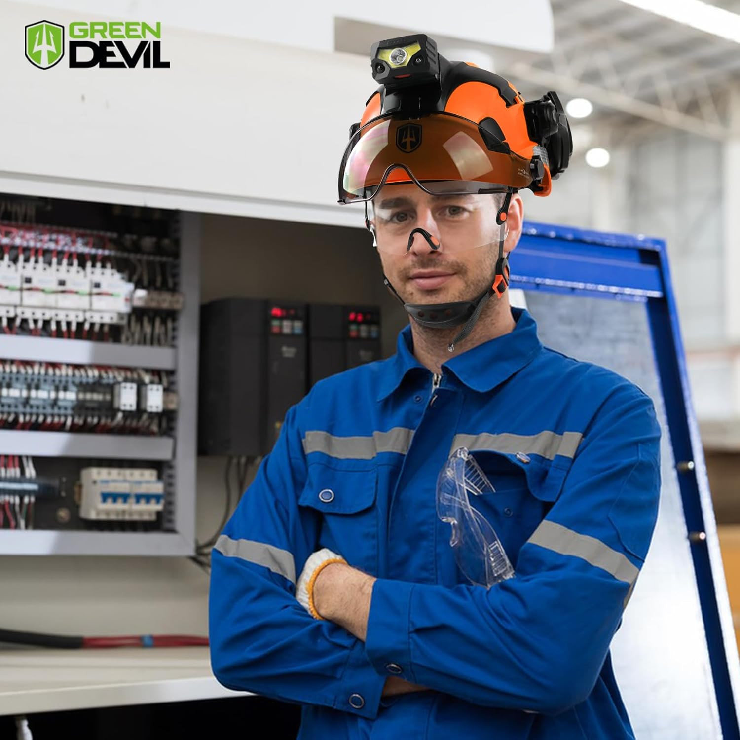 Hard Hat Safety Helmet with Rechargeable Headlamp Light and Visor Ear Muffs Vent