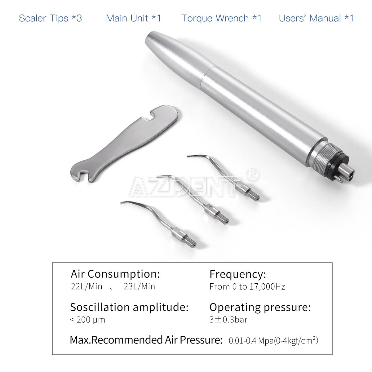 AZDENT Dental Ultrasonic Air Scaler Handpiece 4 Hole + 3pcs Tips