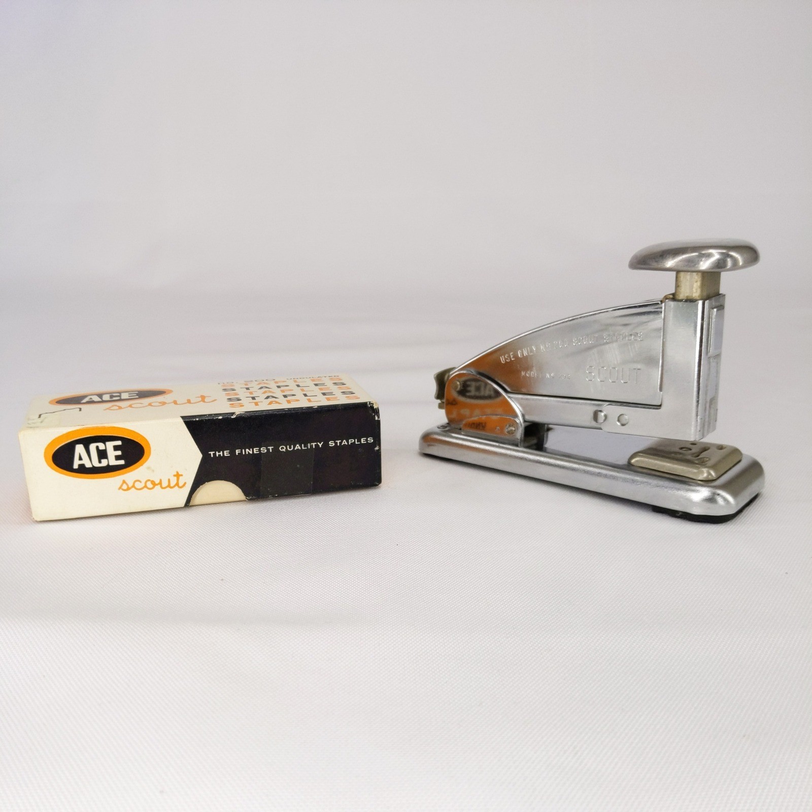 Ace Scout Stapler Silver Model 202 Vintage Chrome Office Tool w/ Scout Staples