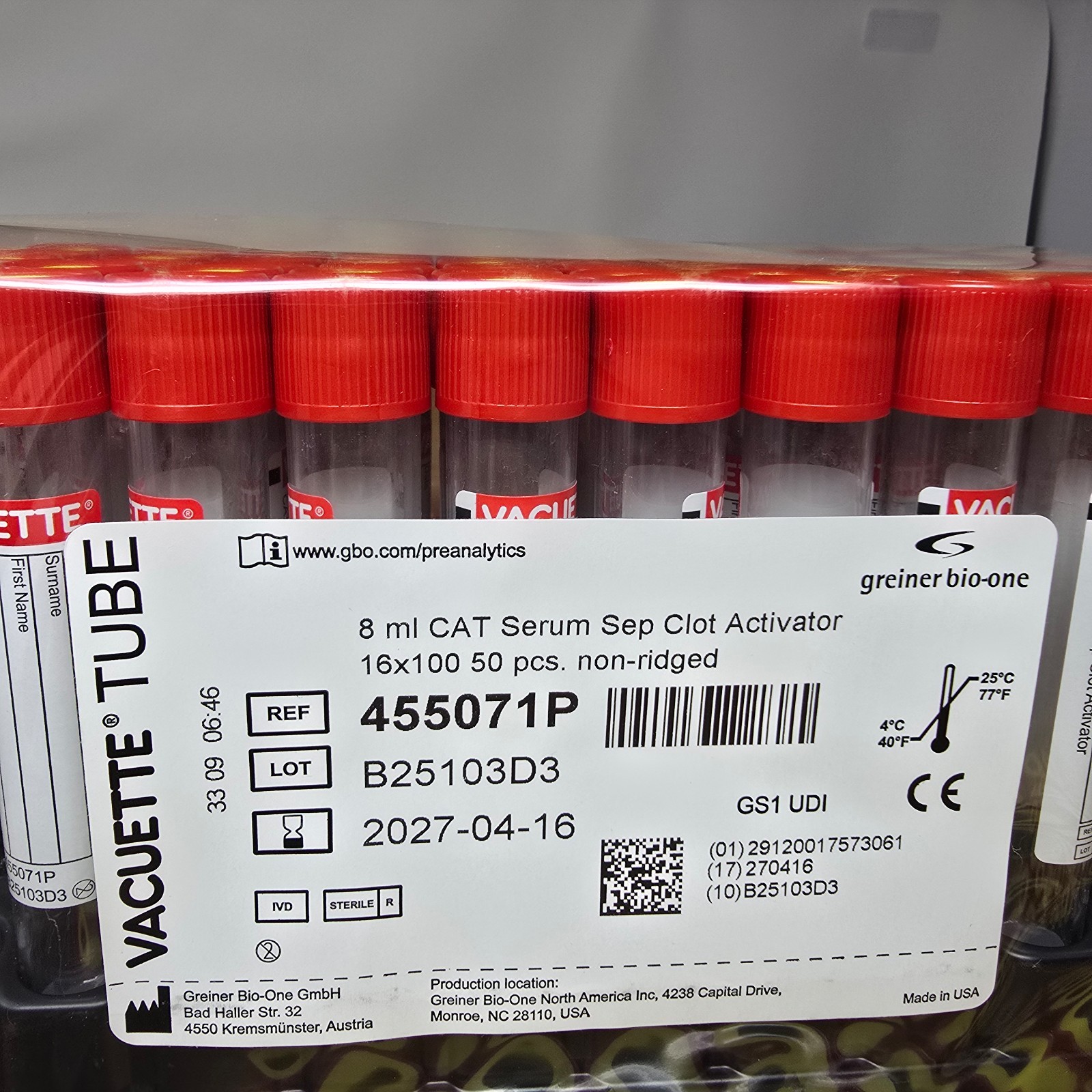1200 pcs Vacuette Tube 455071P, 8ml CAT Serum Sep Clot Activator , 2027-04-16