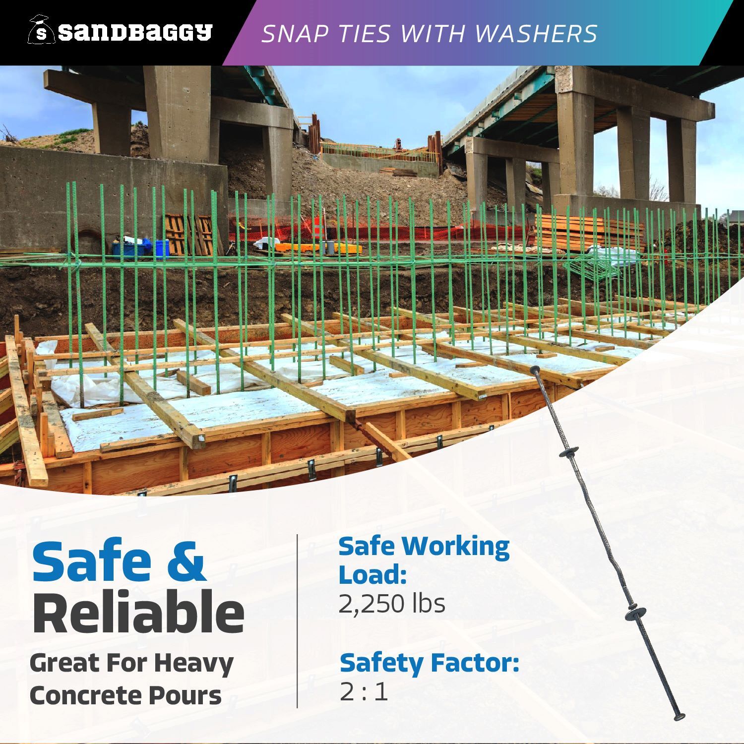Sandbaggy 8″ x 4 ¾» Standard Snap Ties With 1″ Steel Washers (Short End)