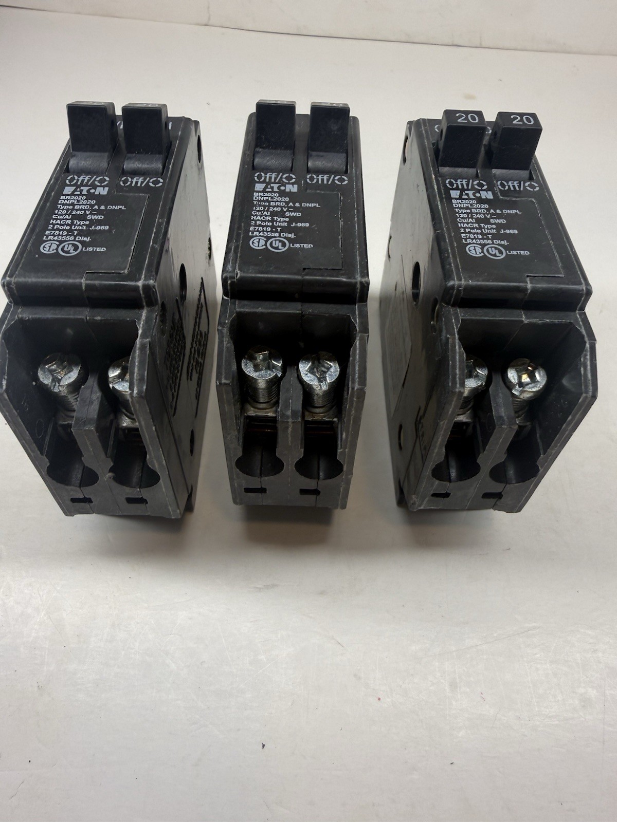 Lot of 3 Eaton BR2020 20 Amp 2 Pole Circuit Breakers