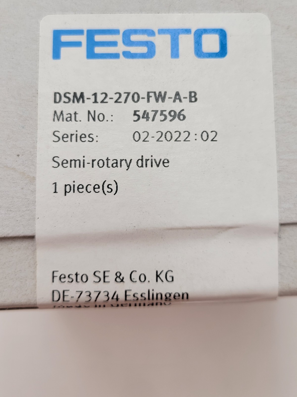 Festo DSM-12-270-FW-A-B Semi-Rotary Drive Actuator 10 Bar 145 PSI DSM Series