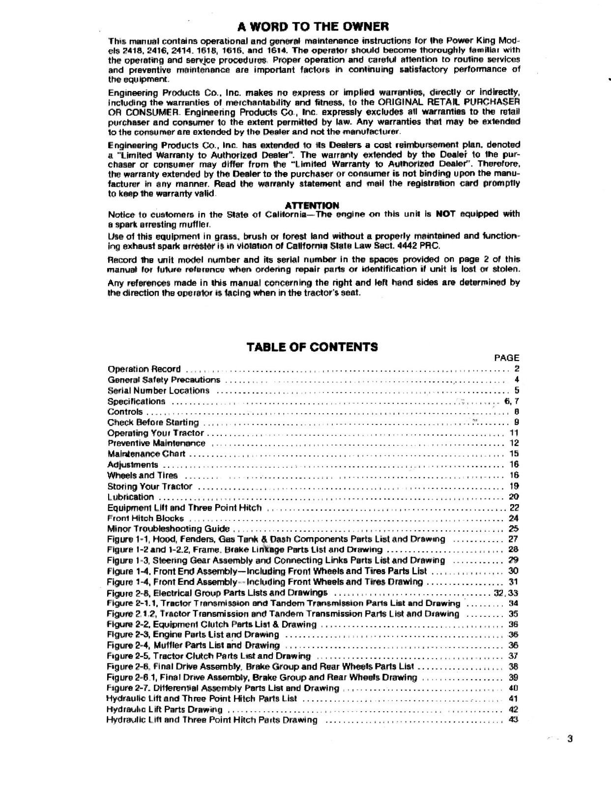 Tractor Operator Manual Power King 1614, 1616, 1618, 2414, 2416, 2418 #98-7114