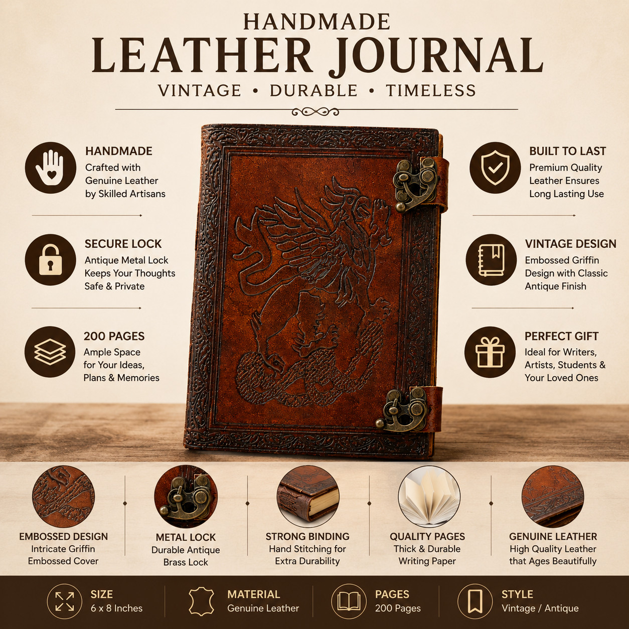Rustic Genuine Leather Journal 6×8 Handmade Vintage Notebook for Writing