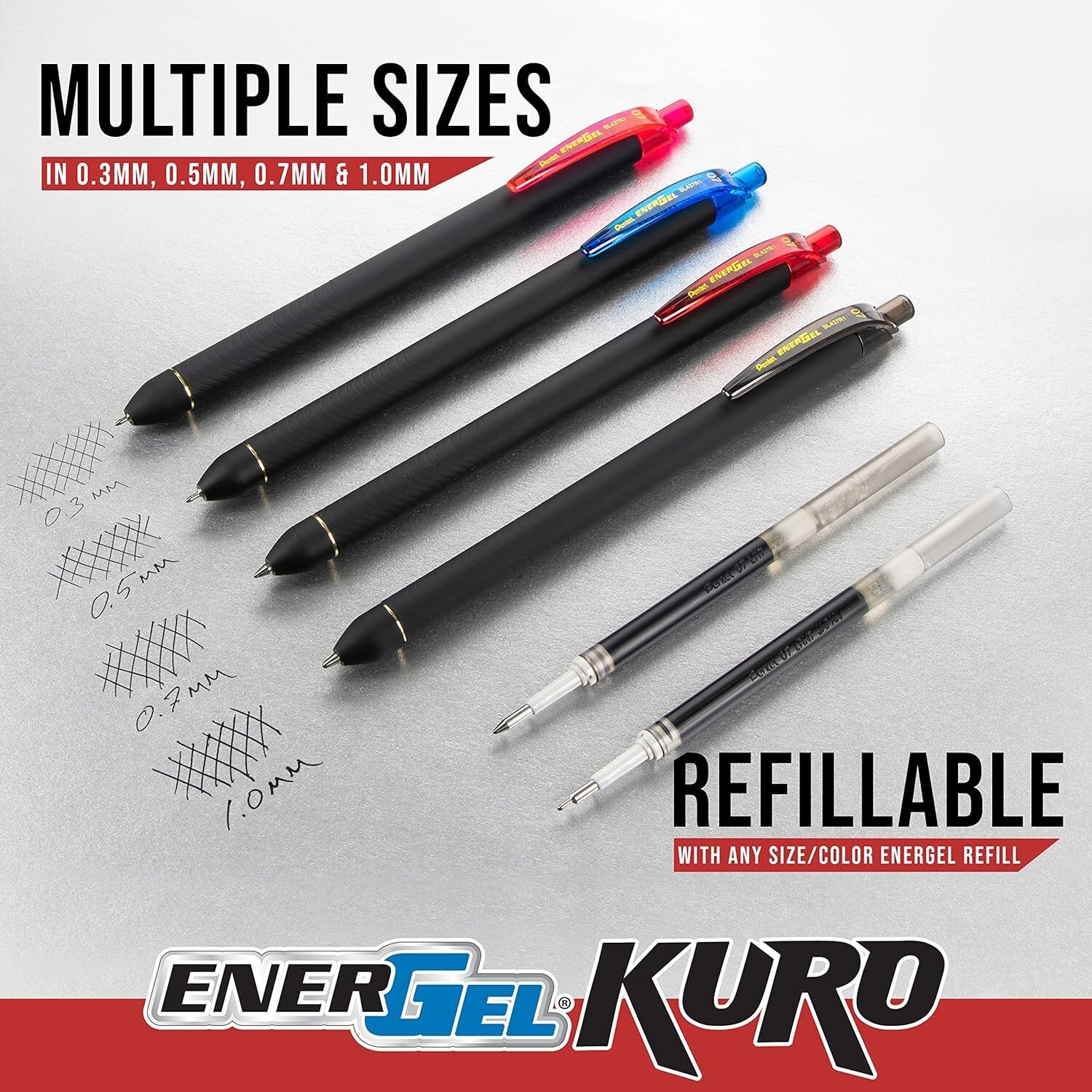 Pentel EnerGel Kuro Gel Pen, Shades of Black, 0.7mmtip, Assorted black ink,5pens