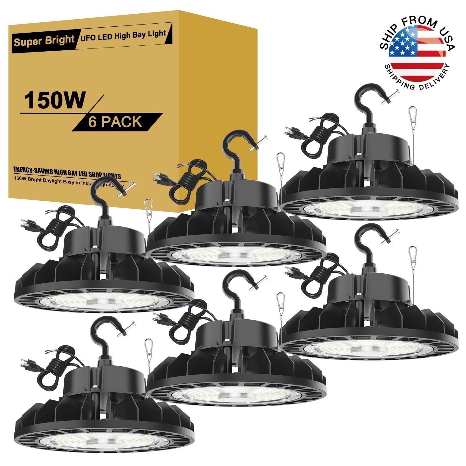6 PACK 150W UFO Led High Bay Light Industrial Warehouse LED Shop Light 22,500LM